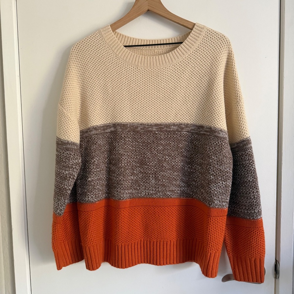 Waffle Knit Sweater Crewneck Pullover Orange Brown Cream L Granolagirl Cozy Fall